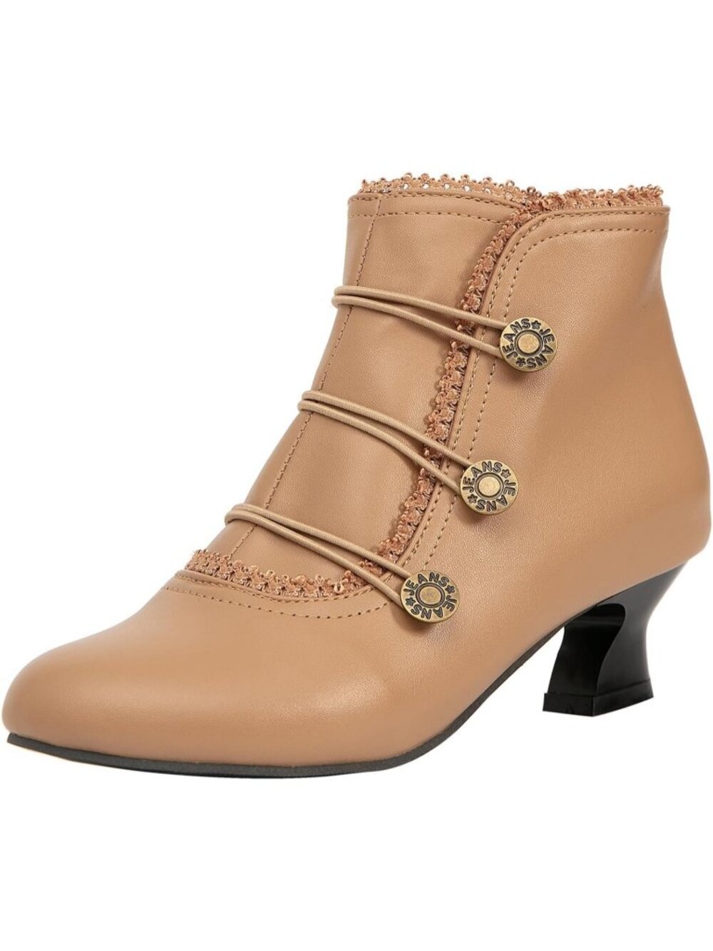 Women's Nude Ankle Boots Low Heels Lace Buttons Round Toe Side Zipper Boots